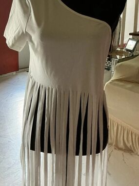 White Short Sleeve One Shoulder  Fringe Tunic Top